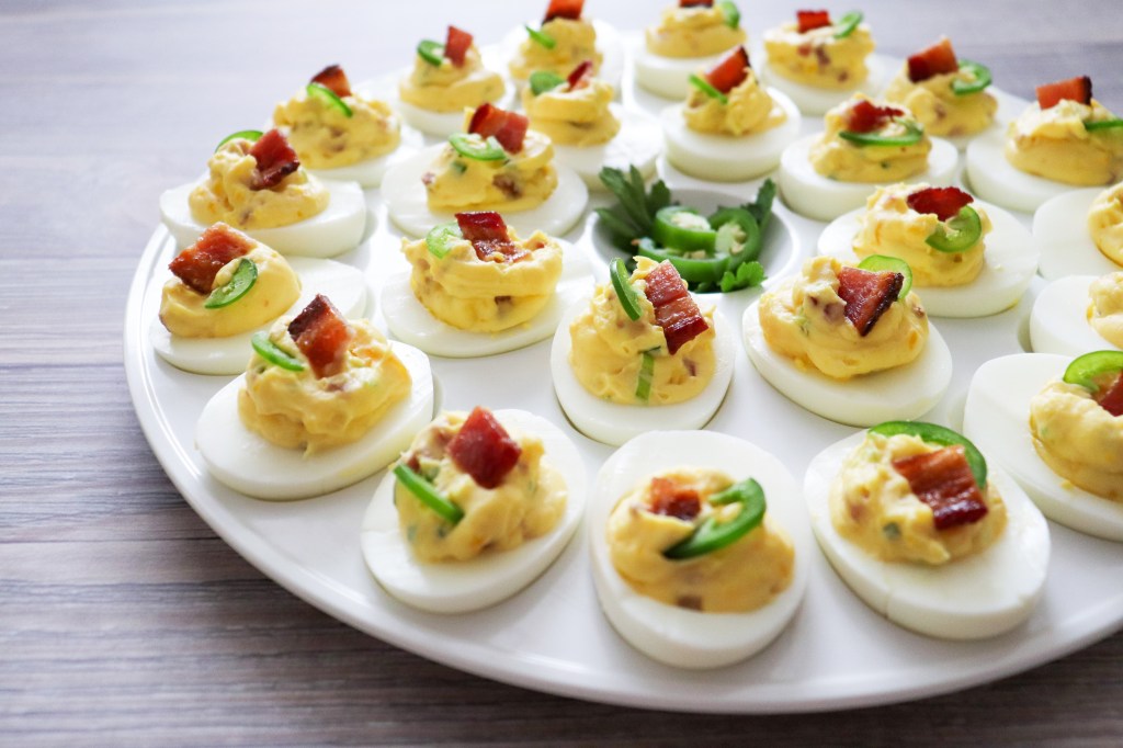 Jalapeno Popper Deviled Eggs with Candied&nbsp;Bacon